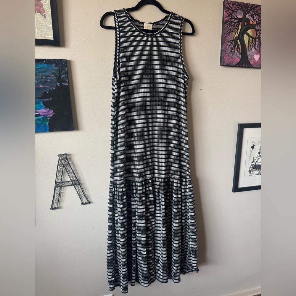 Striped Medium Black and White Sleeveless Dress